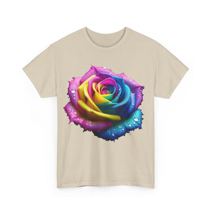 Front view of the Rainbow Rose Unisex Cotton Tee Graphic T Shirt in beige, featuring a vivid rainbow rose design that accentuates the elegance of nature.