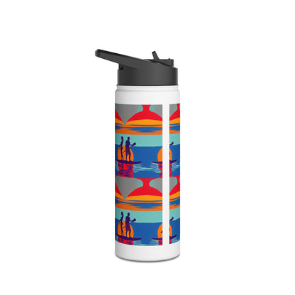 Modern Fantasy Paddleboarding Stainless Steel Water Bottle featuring a bold graphic design of paddleboarders and vivid sunset hues, made for the discerning adventurer.