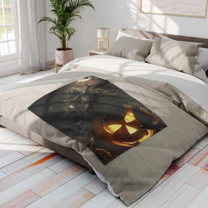 Elegant Decorative and Warm Halloween Spooky Arctic Fleece Blanket displayed on a chic bed, enhancing the luxurious ambiance with its vibrant Halloween motifs.