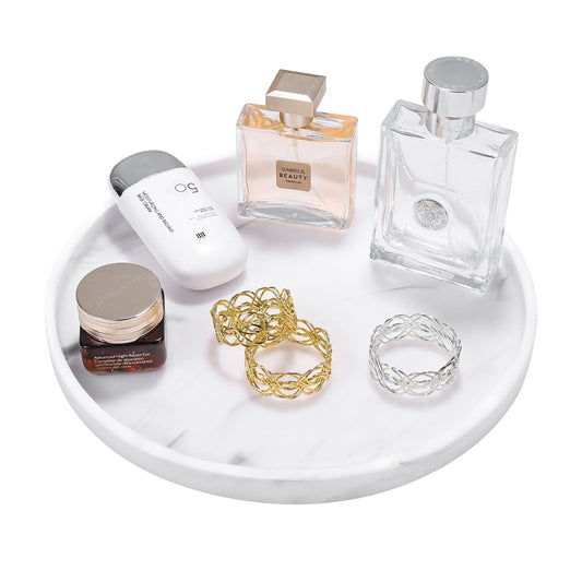 Luxspire Marble White Resin Round Tray, Multi-purpose Organiser for Bathroom Vanity Kitchen Sink, Sturdy & Waterproof, 10.63 X 10.63 X 0.87 Inch