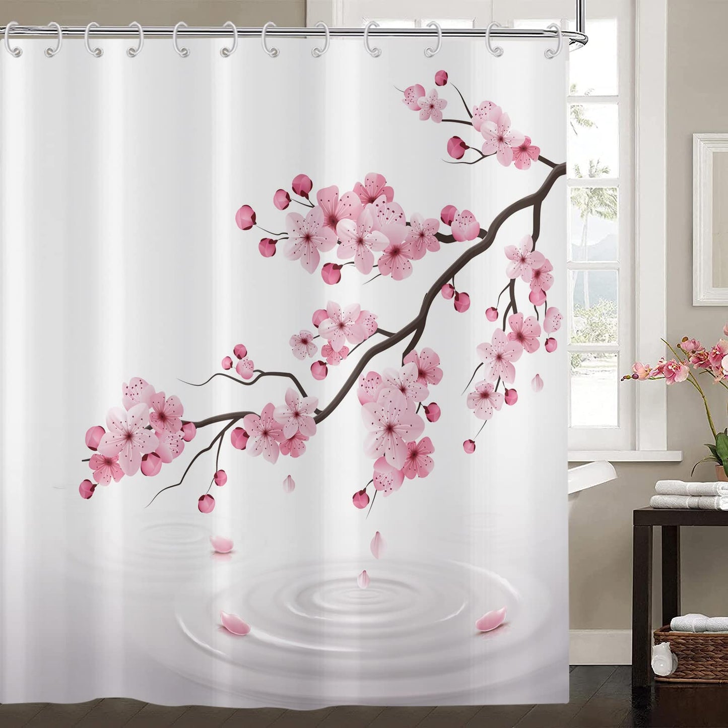 Hnmdmyi Cherry Blossom Shower Curtain 180x180, Pink Floral Shower Curtains Japanese Asian Style Sakura Art Bathroom Curtains with Hooks Waterproof