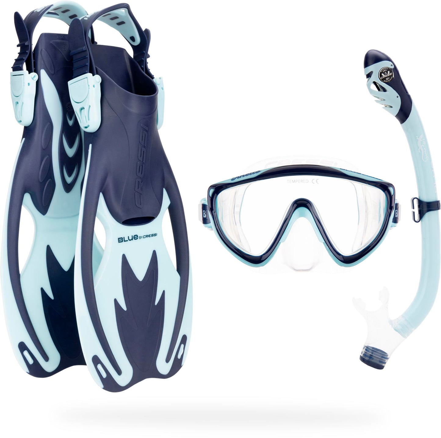 CRESSI Tinetto Rocks Dry Set Blue Navy/Ice Cyan L/XL - Kids Snorkeling Set Short Adjustable Fins, Silicone Mask, and Dry Snorkel, Blue Navy/Ice Cyan,