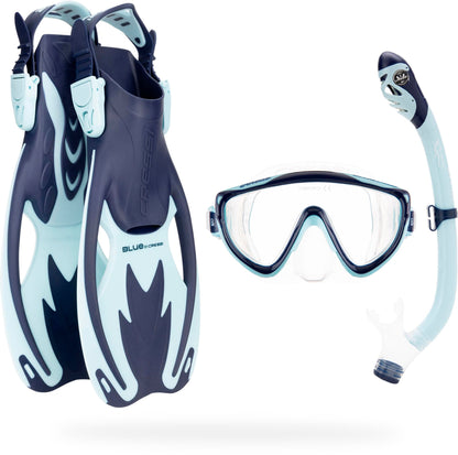 CRESSI Tinetto Rocks Dry Set Blue Navy/Ice Cyan L/XL - Kids Snorkeling Set Short Adjustable Fins, Silicone Mask, and Dry Snorkel, Blue Navy/Ice Cyan,