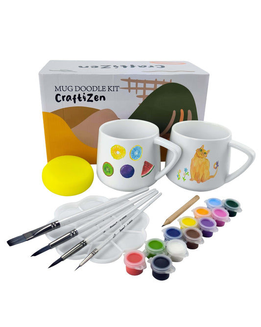 craftizen Paint Your Own Mug Kit - Mug Painting Kit for 2 Adults or Kids, Ceramic Mugs to Paint with Brushes & Paints, DIY Pottery Painting Kit & Mug