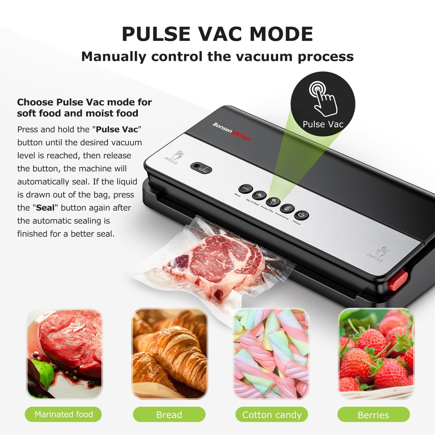 Bonsenkitchen Vacuum Sealer Machine, Multi-Functional, Globefish Technology for High-Speed Continuous Working, Food Vacuum Sealer with 50pcs Vacuum