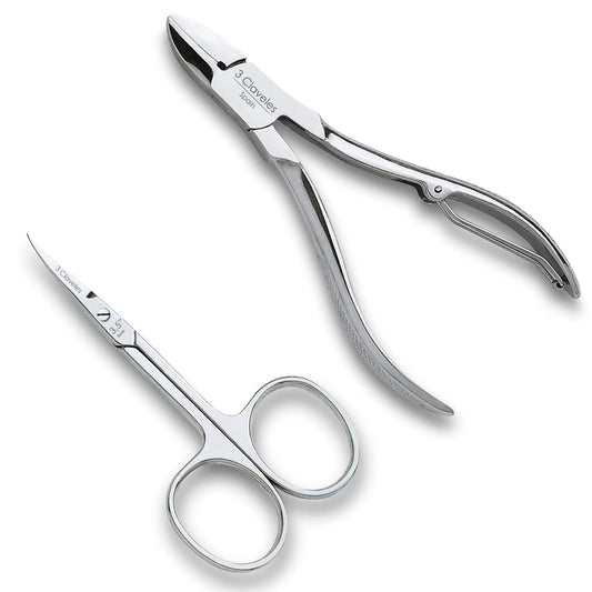 3 Claveles Short Scissors with Curved Tip with Nail Pliers Nickel Plated Manicure Kit Scissors Cuticulas and Nail Pliers Professional Stainless Steel