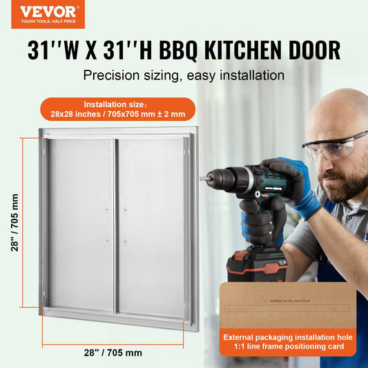 VEVOR BBQ Access Door, 790x790 mm Double Outdoor Kitchen Door, Stainless Steel Flush Mount Door, Wall Vertical Door with Handles, for BBQ Island,