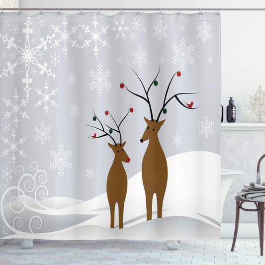 ABAKUHAUS Christmas Shower Curtain, Reindeers at Noel Time Yule with Snowflakes in Winter Santa Print, Cloth Fabric Bathroom Decor Set with Hooks, 86