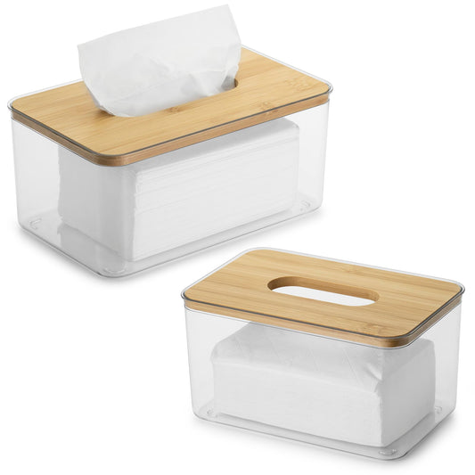 QIWODE Tissue Box Holder Rectangle, Plastic Tissue Box Cover with Bamboo Lid Top, Tissue Dispenser Box for Kitchen, Bathroom, Living Room, Restaurant,