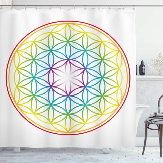 ABAKUHAUS Colorful Shower Curtain, Flower of Life Pattern Radiant Colors Cosmic Dimension Space Forms Print, Cloth Fabric Bathroom Decor Set with