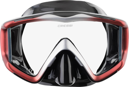 CRESSI Liberty Triside Mask - Panoramic 3 Glass Mask for Diving and Snorkelling, Black/Red Silver, One Size, Unisex Adult