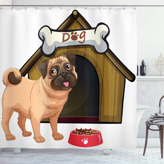ABAKUHAUS Pug Shower Curtain, Dog House with a Pug in Front and a Its Food Cartoon Style Image Fun, Cloth Fabric Bathroom Decor Set with Hooks, 175 x