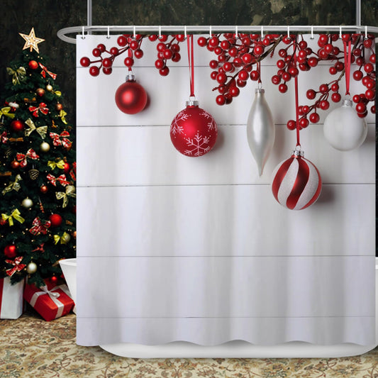 Ttincceer Christmas Shower Curtain 180x180cm Retro White Wood Red White Christmas Ball Bathroom Curtains Modern New Year Holiday Waterproof Bathtub