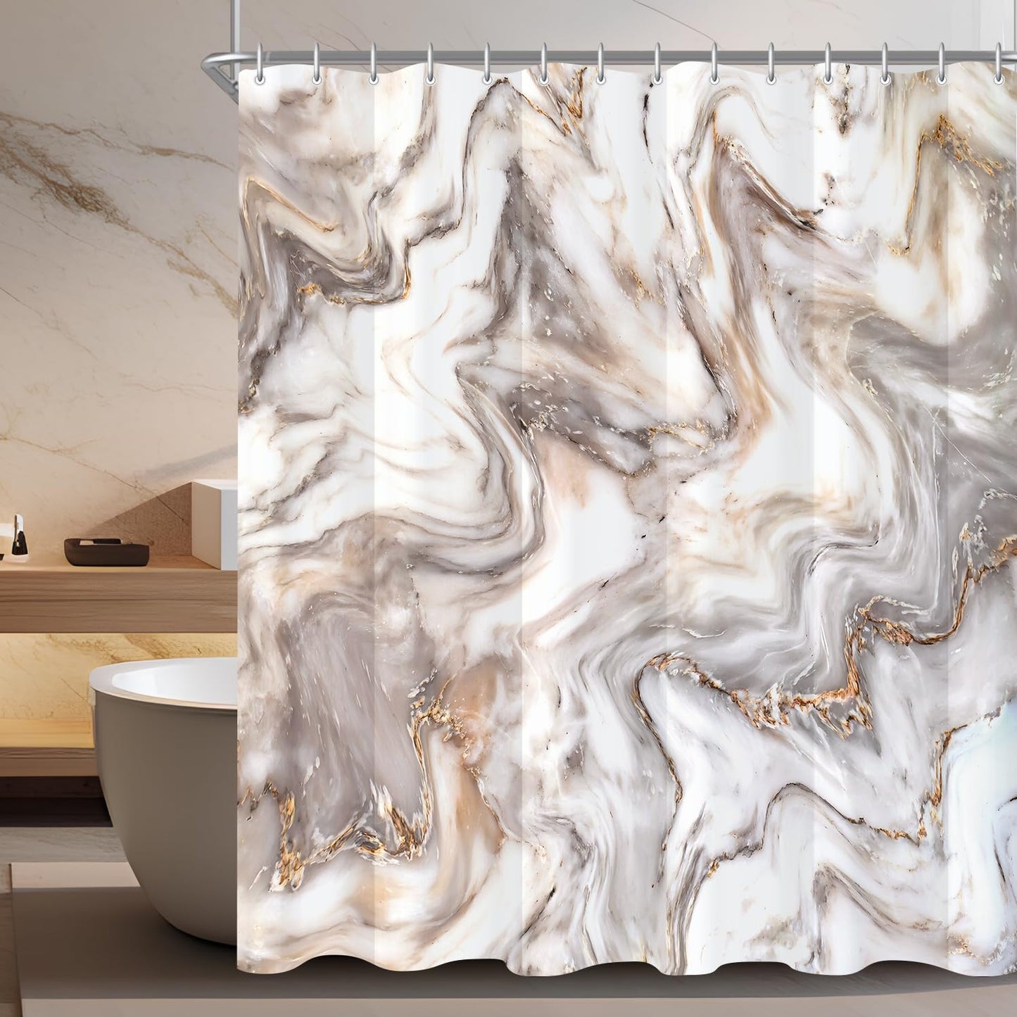 Lerores Shower Curtain 200 x 200 cm Grey Yellow Marble, Weighted Hem, Anti-Mould Textile, Water-Repellent, Washable Polyester Fabric Bath Curtains