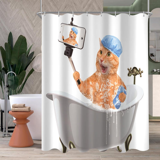 Lerores Shower Curtain, 120 x 200 cm, Cat Selfies, Weighted Hem, Anti-Mould, Water-Repellent, Washable Polyester Bath Curtains with 8 Eyelets and