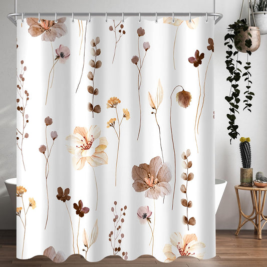 Lerores Shower Curtain, 240 x 200 cm, Brown Flower, Weighted Hem, Anti-Mould, Water-Repellent, Washable Polyester Bath Curtains with 16 Eyelets and