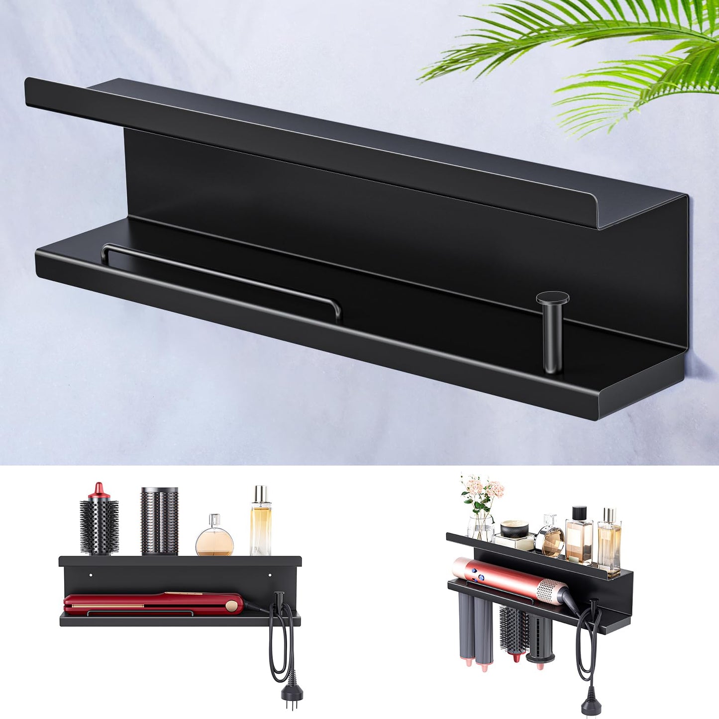 WAYASI Hair Dryer Holder Wall Mount, Straightener Holder for Curling Iron Styler Accessory, Adhesive drilling Hairdryer Straightener Holder Storage,