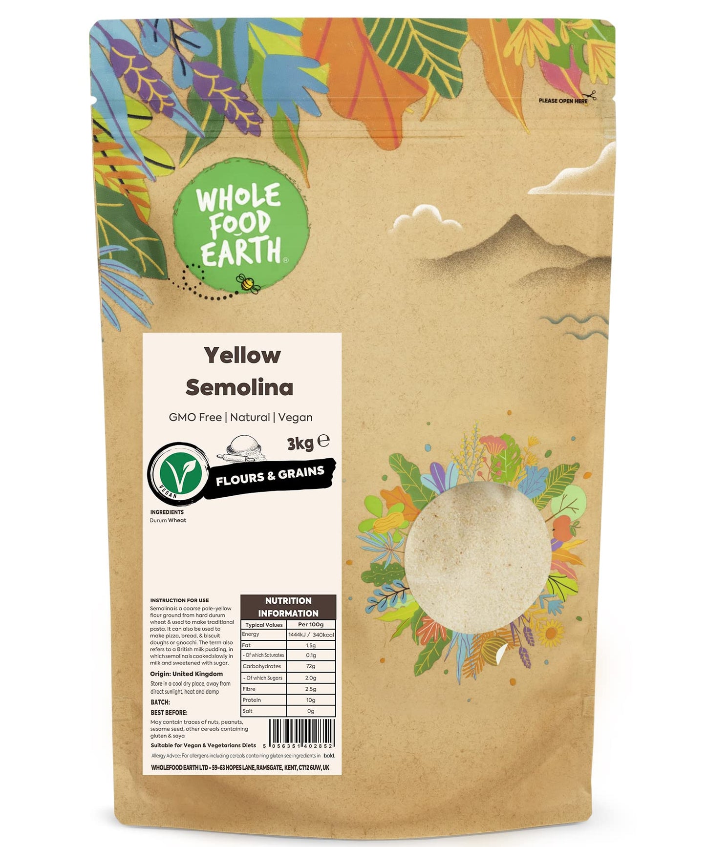 Wholefood Earth Yellow Semolina 3 kg | GMO Free | Natural