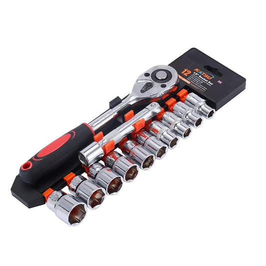 KATSU 1/2 Inch Socket Set 12Pcs, 10-24mm Metric Drive with 24-Teeth Quick-Released Ratchet Wrench and 5" Extension Bar, High Grade Chrome Vanadium