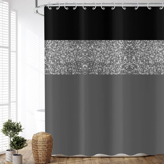 ASDCXZ Shower Curtain Glitter 180x180 cm, Modern Black Grey Glitter Silver Splicing Waterproof Textile Bath Shower Curtains Washable Polyester Fabric