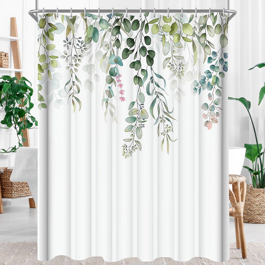 Lerores shower curtain 120x200cm (47x78 inch) Green Leaves Pattern, Weighted Hem Anti-Mold Textile, Water-Repellent, Washable Polyester Fabric Bath