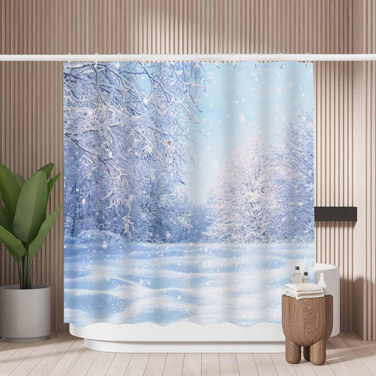 Woutay Shower Curtain Mould Proof Resistant Winter Snow Landscape,Water Repellant Fabric,Polyester,with 12 Plastic Hooks