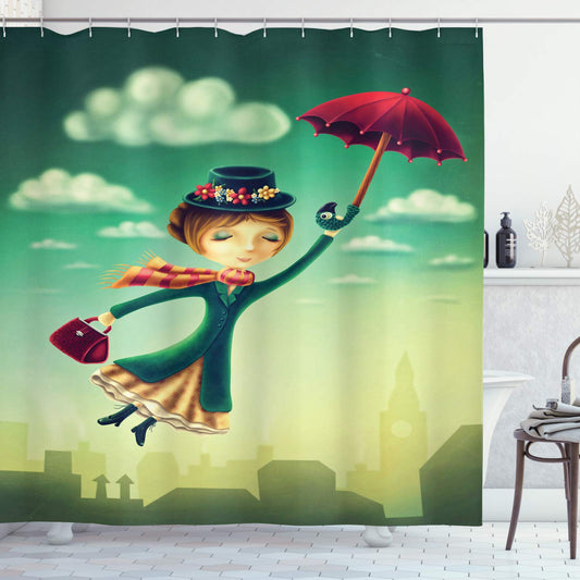ABAKUHAUS Fantasy Shower Curtain, Cartoon Fairy Tale Nanny with Umbrella and Bag Flying over London Skyline, Cloth Fabric Bathroom Decor Set with