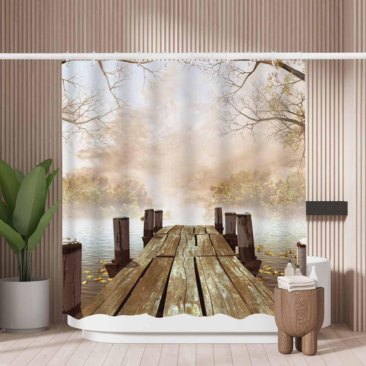 Woutay Shower Curtain Water Repellant Fabric Lakeside Scenery,Mould Proof Resistant,Polyester,with 12 Plastic Hooks