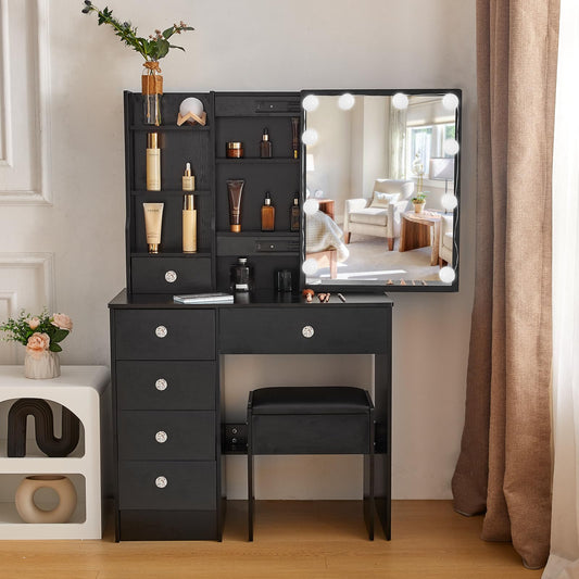 Buildonely Dressing Table with Mirror 36 x 80 x 131 cm, Vanity Desk with Lights, Adjustable Brightness and 3 Color Temperatures, Vanity Table with