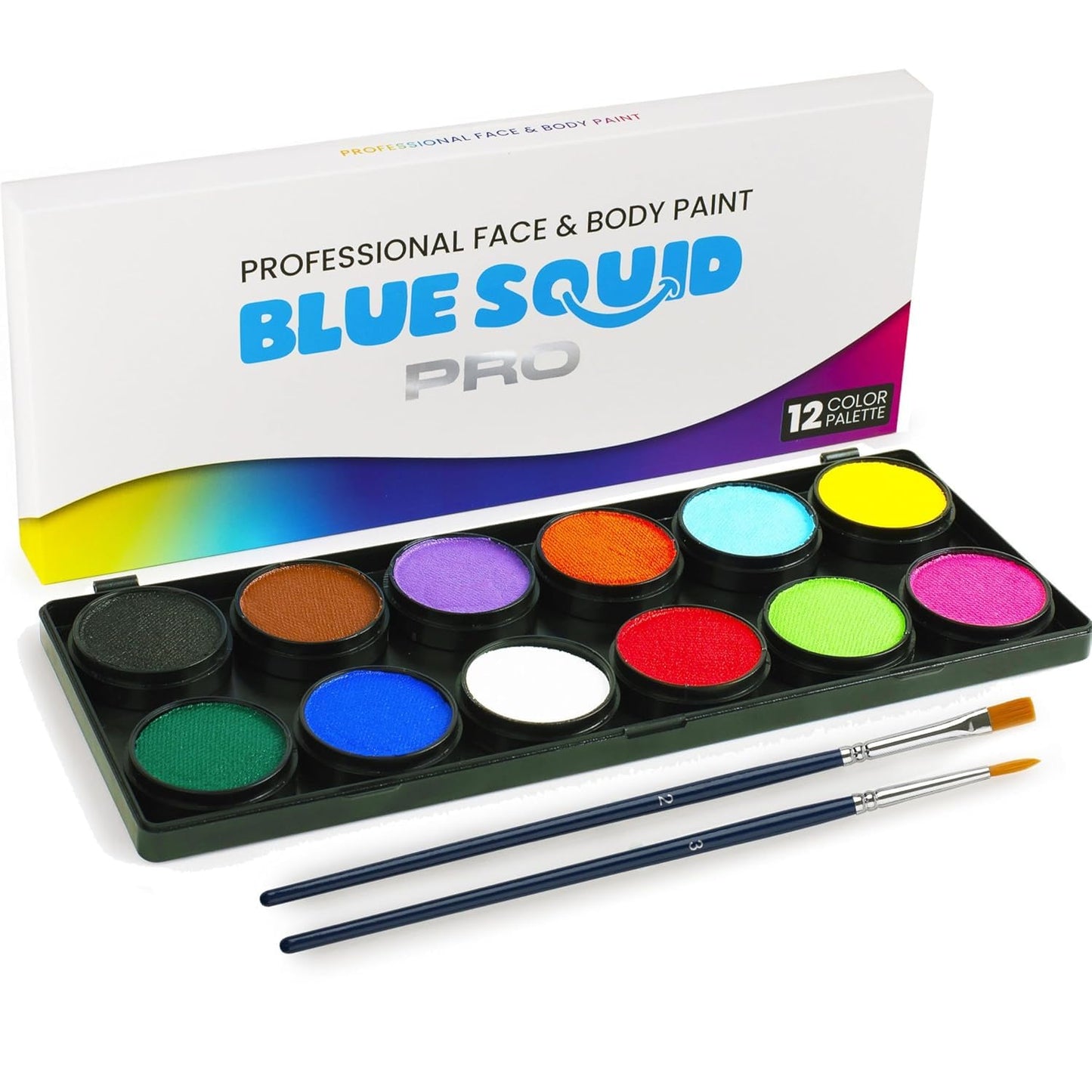 Blue Squid PRO Professional Face Painting Kit for Kids - 12 Colour Palette Set with 2 Brushes, Body & Face Paint Kits for Children, Adults - Safe