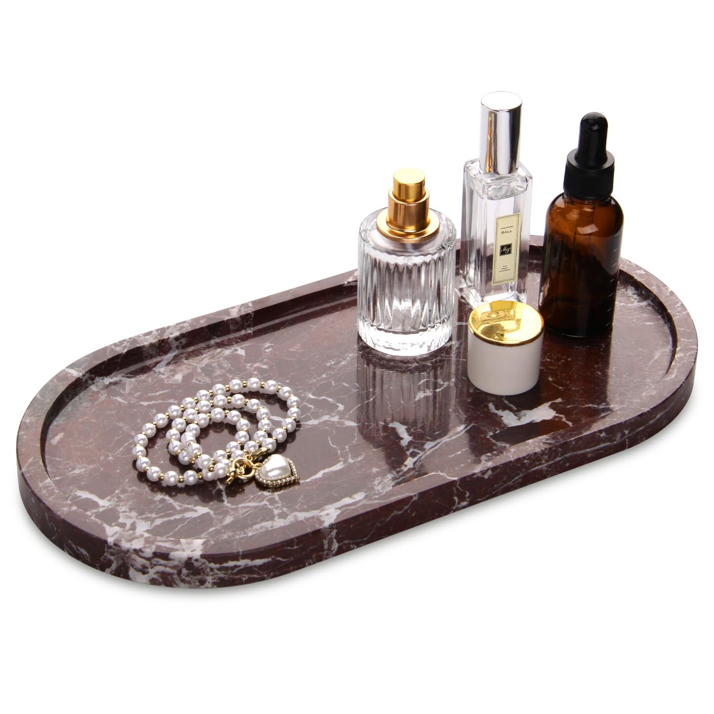 Marble Bathroom Vanity Tray Rosso Lepanto, Oval Natural Luxury Marble Home Kitchen Bathroom Table Tray, Stone Decorative Countertop Serving Trays for