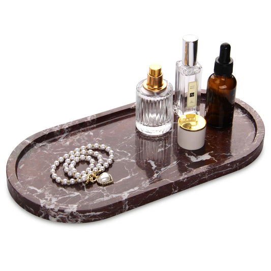 Marble Bathroom Vanity Tray Rosso Lepanto, Oval Natural Luxury Marble Home Kitchen Bathroom Table Tray, Stone Decorative Countertop Serving Trays for