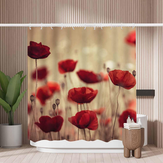 Woutay Shower Curtain Mould Proof Resistant Red Poppy Flowers,Water Repellant Fabric,Polyester,with 12 Plastic Hooks