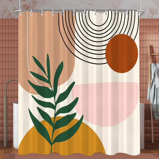 Lerores Shower Curtain 180 x 200 cm Leaves Print Weighted Hem Anti-Mould Textile Water-Repellent Washable Polyester Fabric Bath Curtains with Eyelets