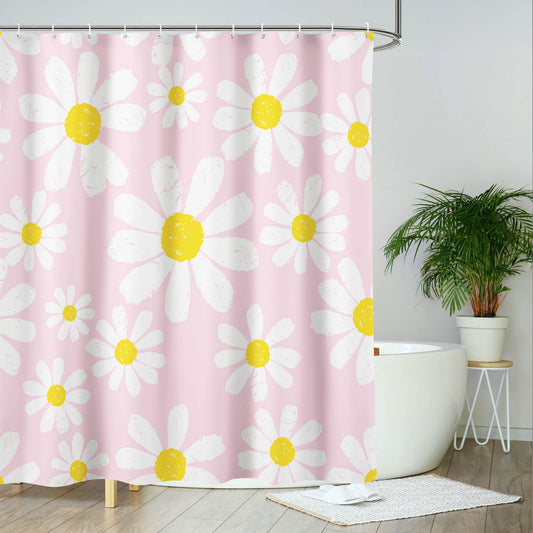 AIBIIN Pink Daisy Shower Curtain Cute White Flower Bath Curtain Bathroom Decor Durable Waterproof Polyester Material with 12 Hooks 180x200cm