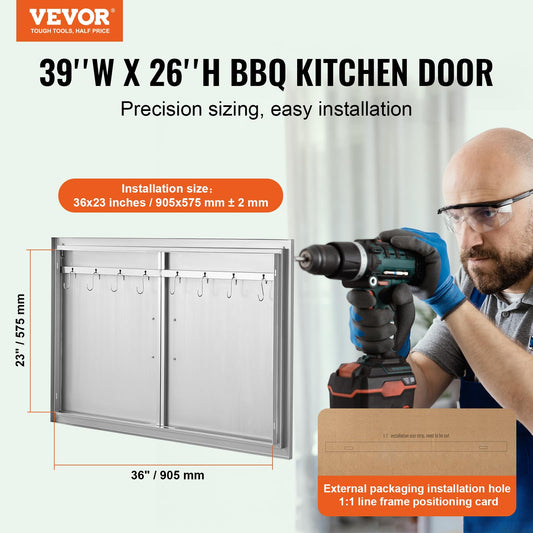 VEVOR BBQ Access Door, 39W x 26H Inch Double Outdoor Kitchen Door, Stainless Steel Flush Mount Wall Vertical with Handles and Hooks, for BBQ Island,
