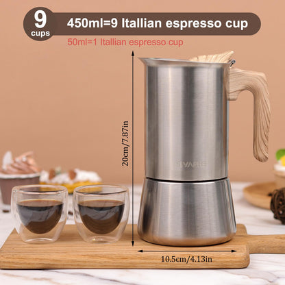Sivaphe Stovetop Espresso Maker 450ml, Induction Hob Italian Coffee Percolator Maker Moka Pot Stainless Steel 9 Italian Cups 2-3 Mug for Home Camping