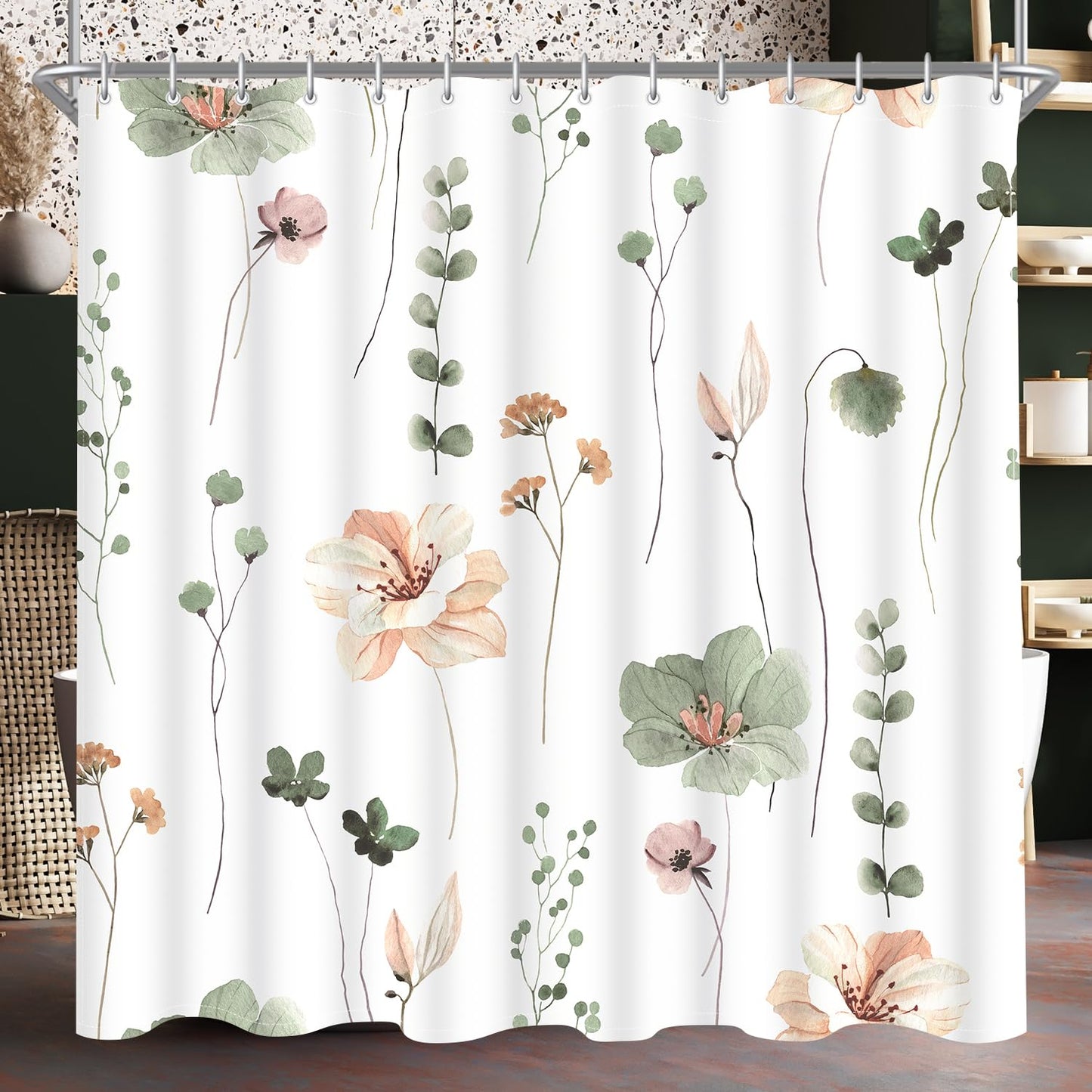 Lerores Shower Curtain, 180 x 200 cm, Sage Green Flower, Weighted Hem, Anti-Mould, Water-Repellent, Washable Polyester Bath Curtains with 12 Eyelets