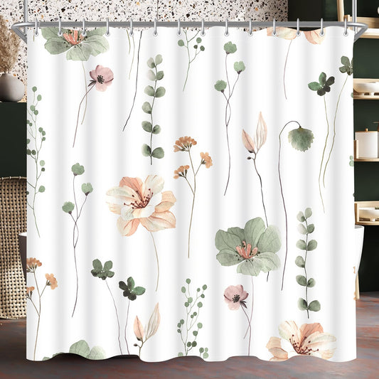 Lerores Shower Curtain, 180 x 200 cm, Sage Green Flower, Weighted Hem, Anti-Mould, Water-Repellent, Washable Polyester Bath Curtains with 12 Eyelets