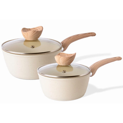 Induction Saucepan Set with Lid  Non Stick Saucepan for Induction  2pcs Cream Granite Sauce Pan  16cm, 18cm Saucepot Set  by Nuovva