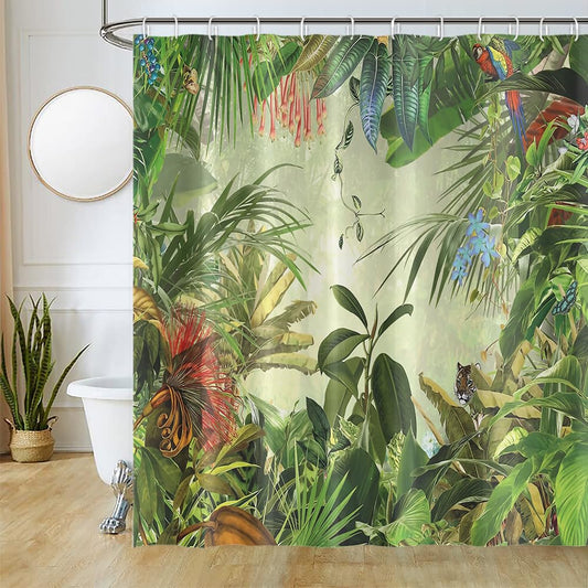Uiiooazy Forest Shower Curtain, Green Tropical Palm Leaves Monstera Boho Bath Curtain Mildew and Mould Proof Waterproof Polyester Fabric Opaque