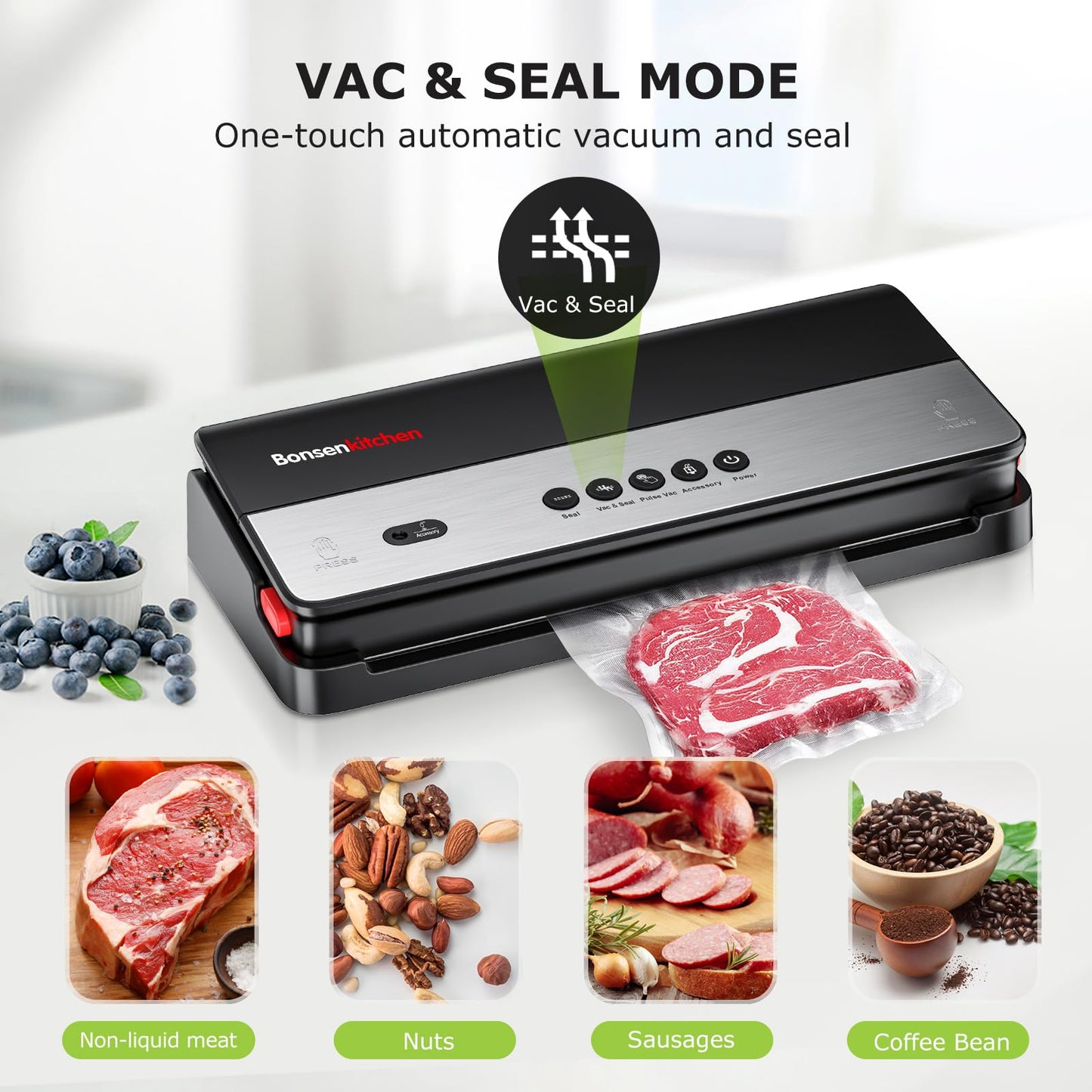 Bonsenkitchen Vacuum Sealer Machine, Multi-Functional, Globefish Technology for High-Speed Continuous Working, Food Vacuum Sealer with 50pcs Vacuum