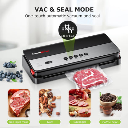 Bonsenkitchen Vacuum Sealer Machine, Multi-Functional, Globefish Technology for High-Speed Continuous Working, Food Vacuum Sealer with 50pcs Vacuum