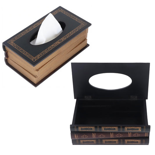 Wooden Retro Tissue Holder, 25 x 14 x 10 cm Middle Ages Gothic Painted Book Appearance Tissue Box Paper Large Opening Napking Dispenser for Home