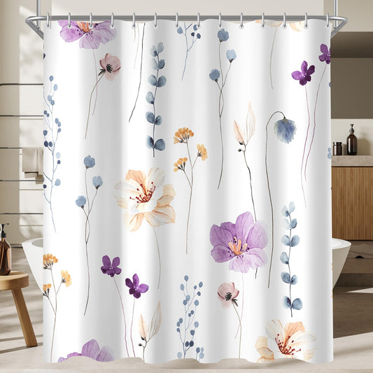 Lerores Shower Curtain, 180 x 180 cm, Purple Flower, Weighted Hem, Anti-Mould, Water-Repellent, Washable Polyester Bath Curtains with 12 Eyelets and