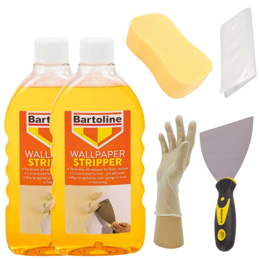 Wallpaper Stripper Bundle - 2 x 500ml Bartoline Wallpaper Remover Bottles, Blackspur 4" Scraper with Non-Slip Grip, Thick 2' Sponge, Gloves & Dust