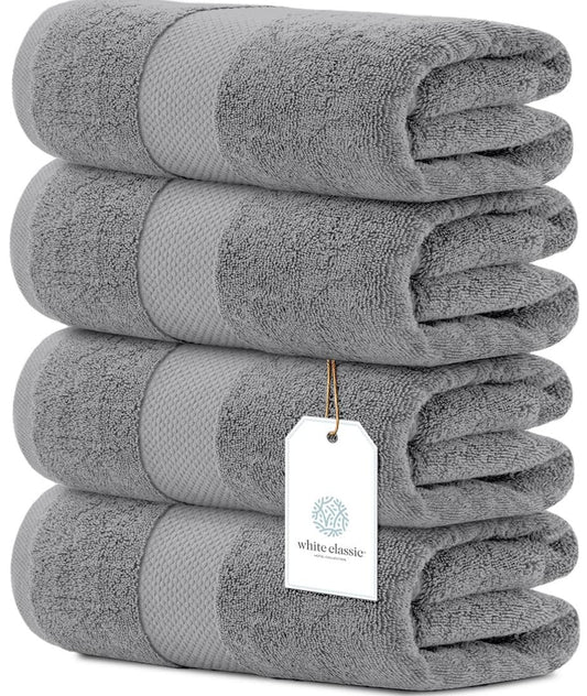 White Classic Luxury Bath Towels Large Pack of 4, Hotel Quality Bathroom Towel 137 x 68 Set, Grey Shower Cotton Towels 4 Pack, Large Thick Plush Bath