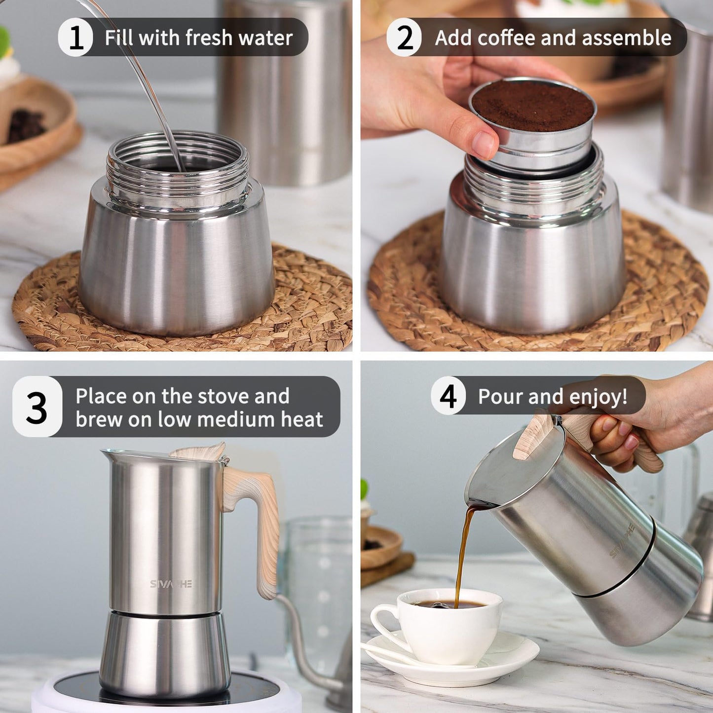 Sivaphe Stovetop Espresso Maker 450ml, Induction Hob Italian Coffee Percolator Maker Moka Pot Stainless Steel 9 Italian Cups 2-3 Mug for Home Camping