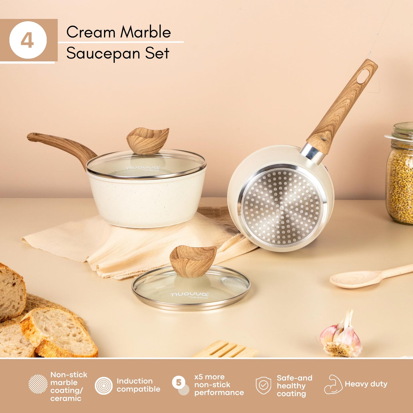 Induction Saucepan Set with Lid  Non Stick Saucepan for Induction  2pcs Cream Granite Sauce Pan  16cm, 18cm Saucepot Set  by Nuovva
