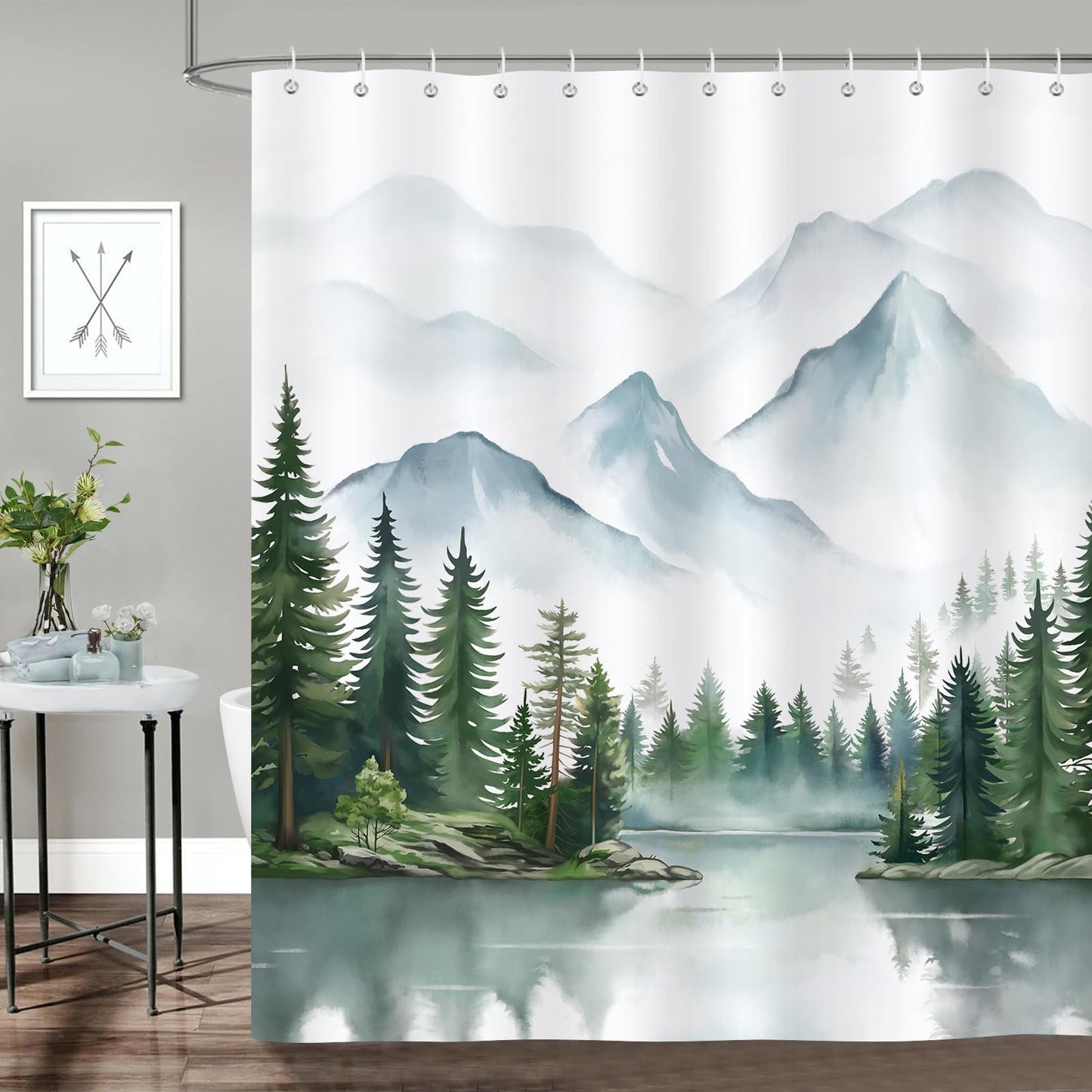 Bonhause Misty Forest Shower Curtain, Watercolor Mountain Nature Woodland Bathroom Curtain 180 x 180 cm Waterproof Mildew and Mould Resistant